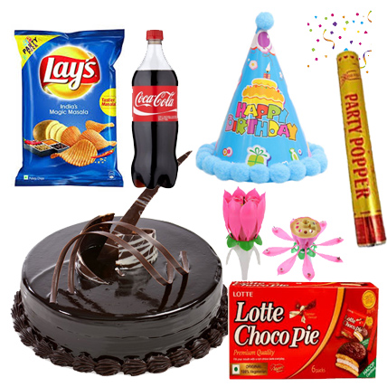 Birthday Treat - Cake, Party Popper, Lotus Candle, Cap, Chips and Coca Cola