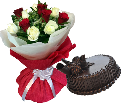 Red & white Roses with 1/2kg choco mud Cake